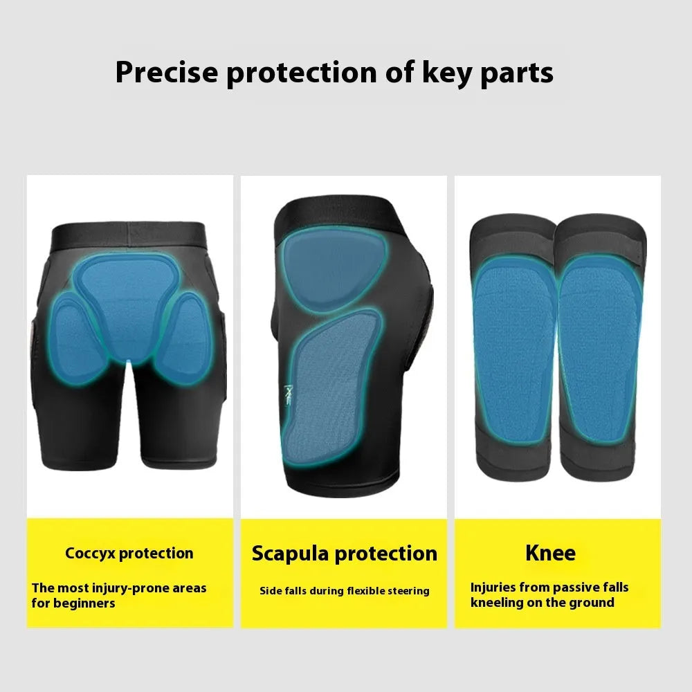 X-ray diffraction ski protective gear set showing one pair of hip pads and one pair of knee pads.
