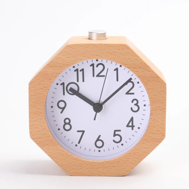 Nordic beech wood hexagonal luminous alarm clock with white face and wood shell