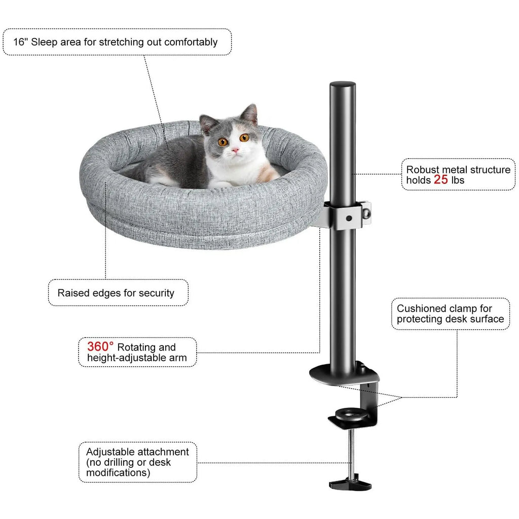 Round cloth cat nest bed in grey or brown with rotating base and adjustable height
