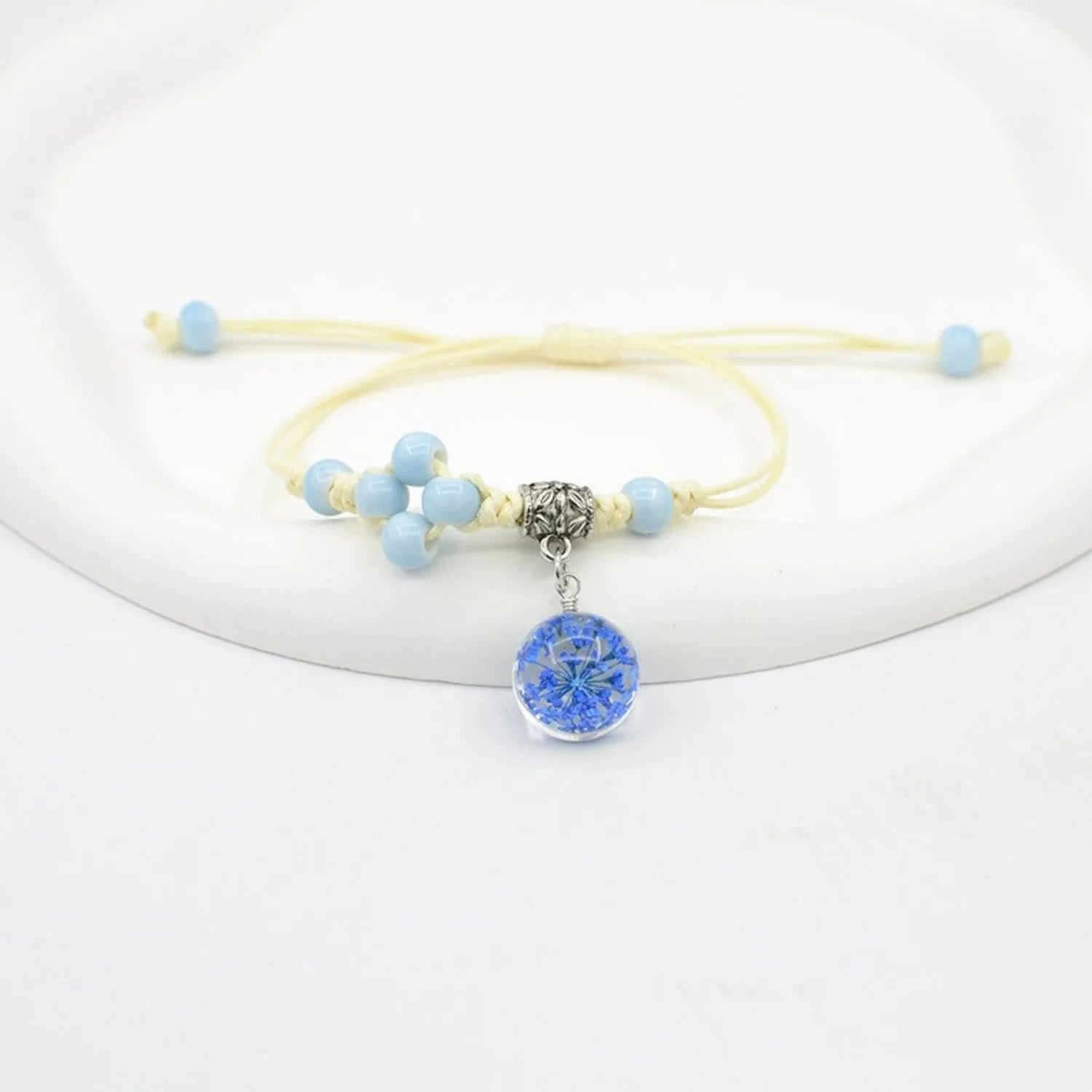 Glass dried flower bracelet with real preserved flowers and lace trim on large 1.4cm beads