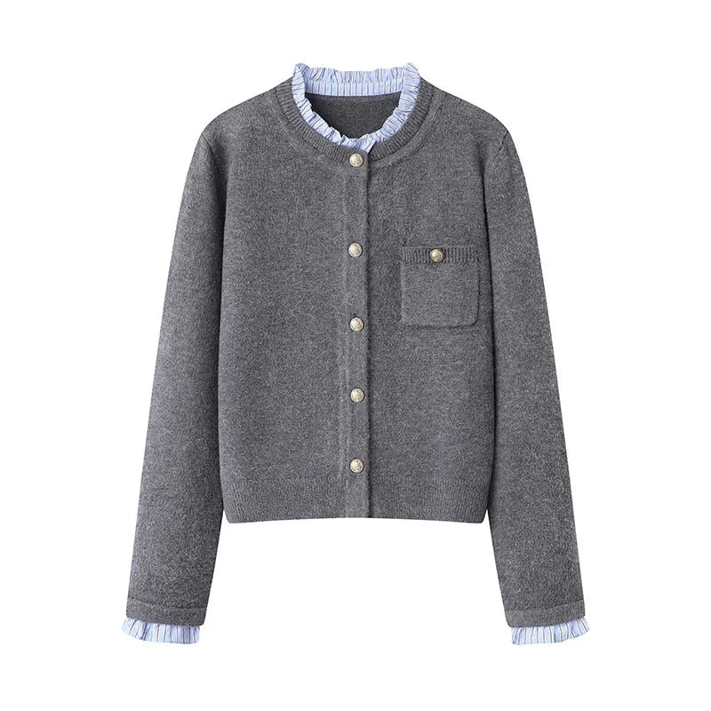 Women's pleated lace collar sweater coat in Navy Blue or Gray, acrylic long sleeve regular sleeve knit cardigan, sizes S M L