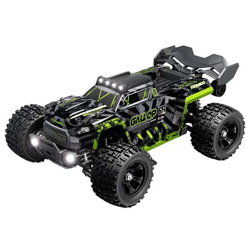 Brushless remote control car in green or red with four-wheel drive, metal drive shaft and metal differential.
