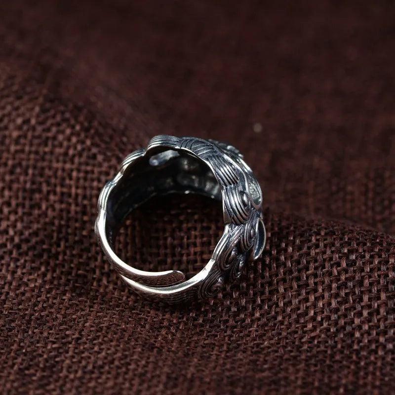Silver open ring with adjustable design featuring detailed jibeast animal zodiac pattern modelling