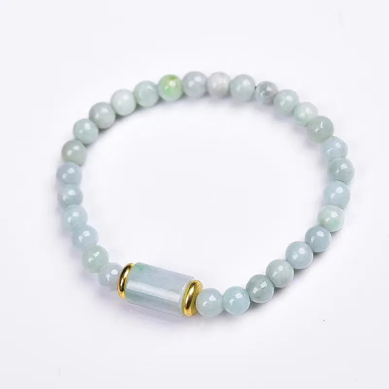 Natural Myanmar jade stone bracelet with round ice jade beads in emerald colour, ethnic geometric design