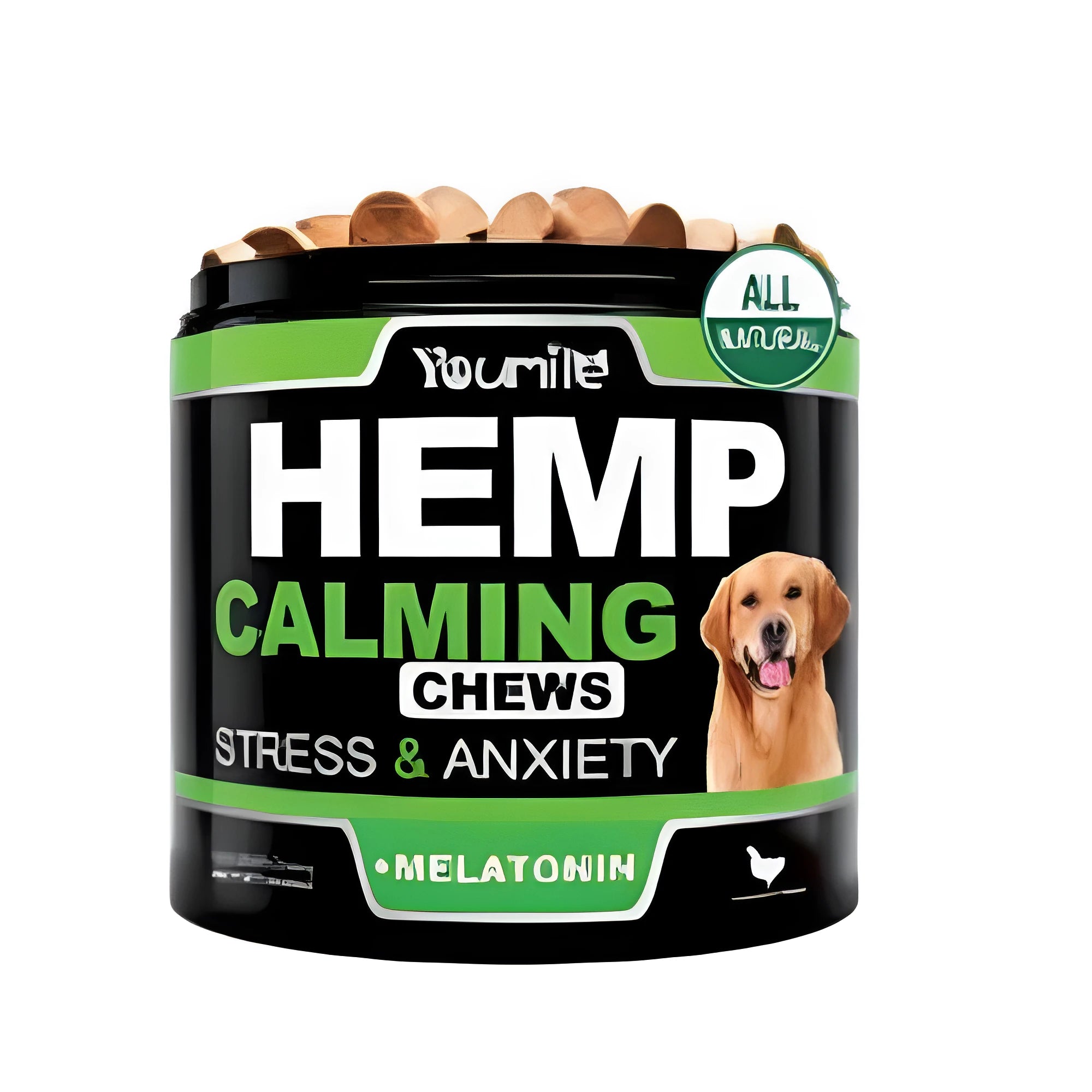 Bottle of Calm Down and Chew herbal supplement containing 120 chewable capsules for stress relief.
