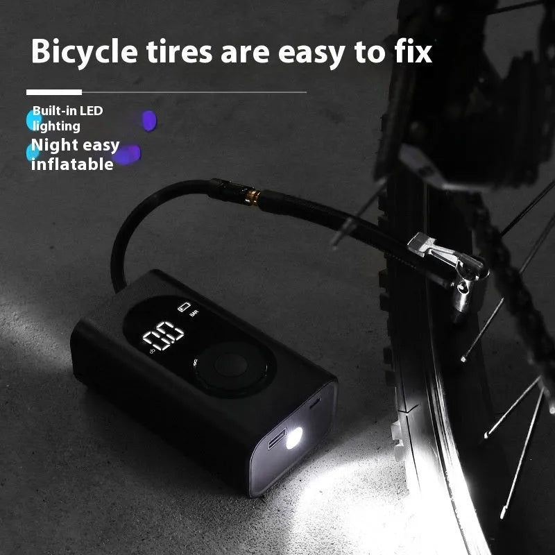 Handheld portable wireless tyre pump with digital display, power bank, and flashlight functions.