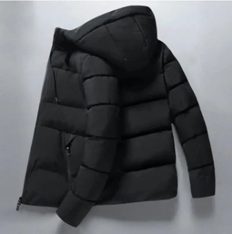Men's thickened polyester hooded zip-up jacket in grey, black, or dark blue with full-zip front, sizes M to 4XL