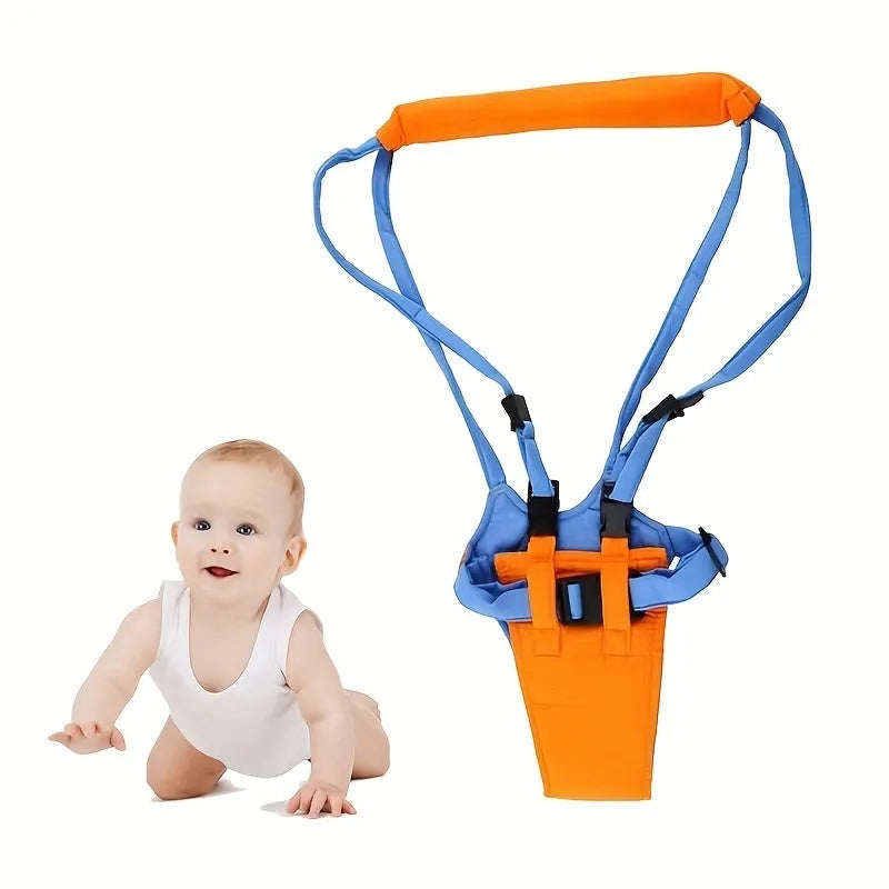 Baby toddler walking harness in orange and blue with adjustable strap and plastic locks