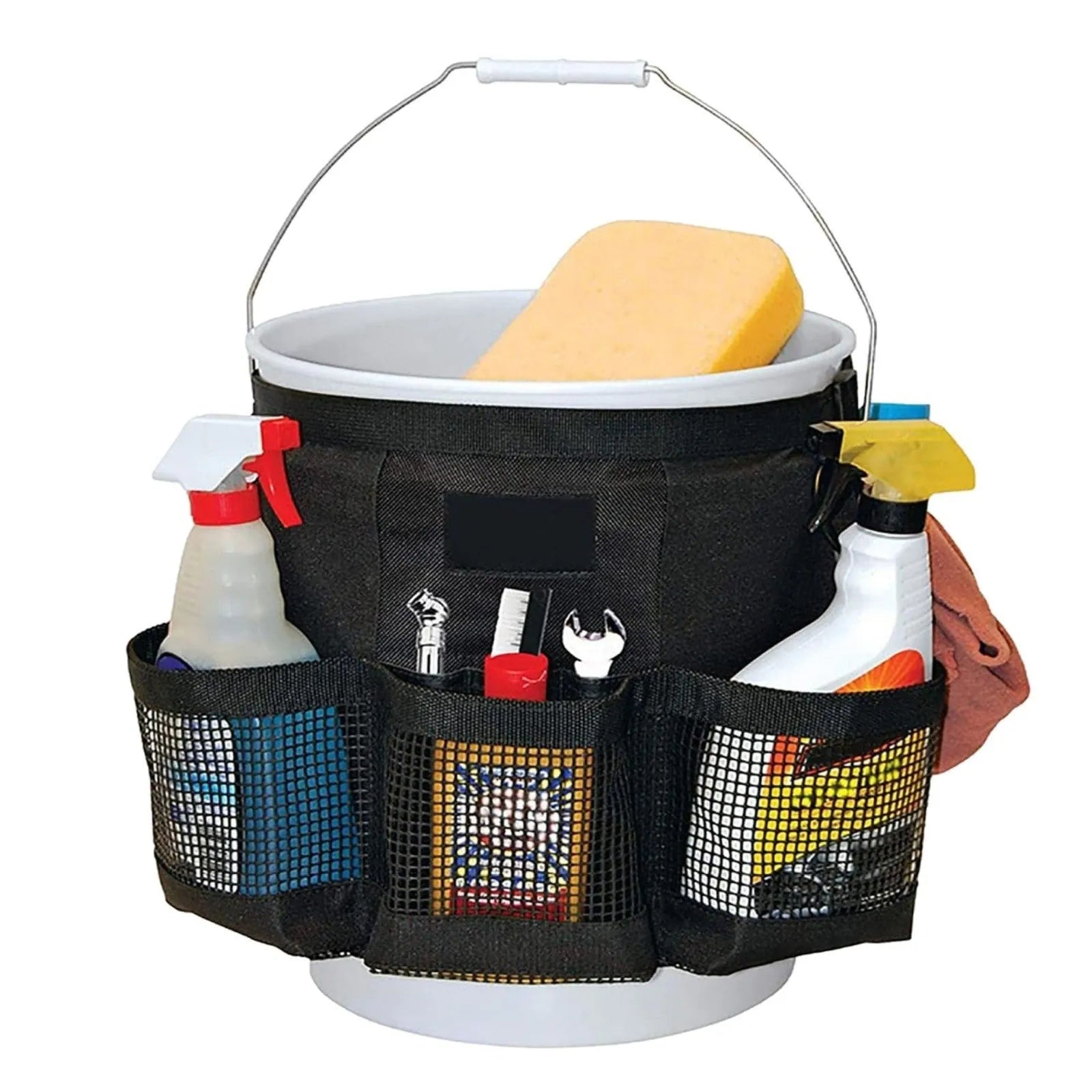 Black cylindrical polyester hanging storage bag for 5 gallon barrel tools and organiser.