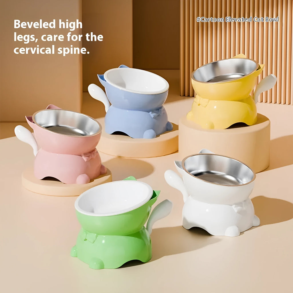 Stainless steel cat bowl with a slanted black base, showing its wide, shallow food dish.