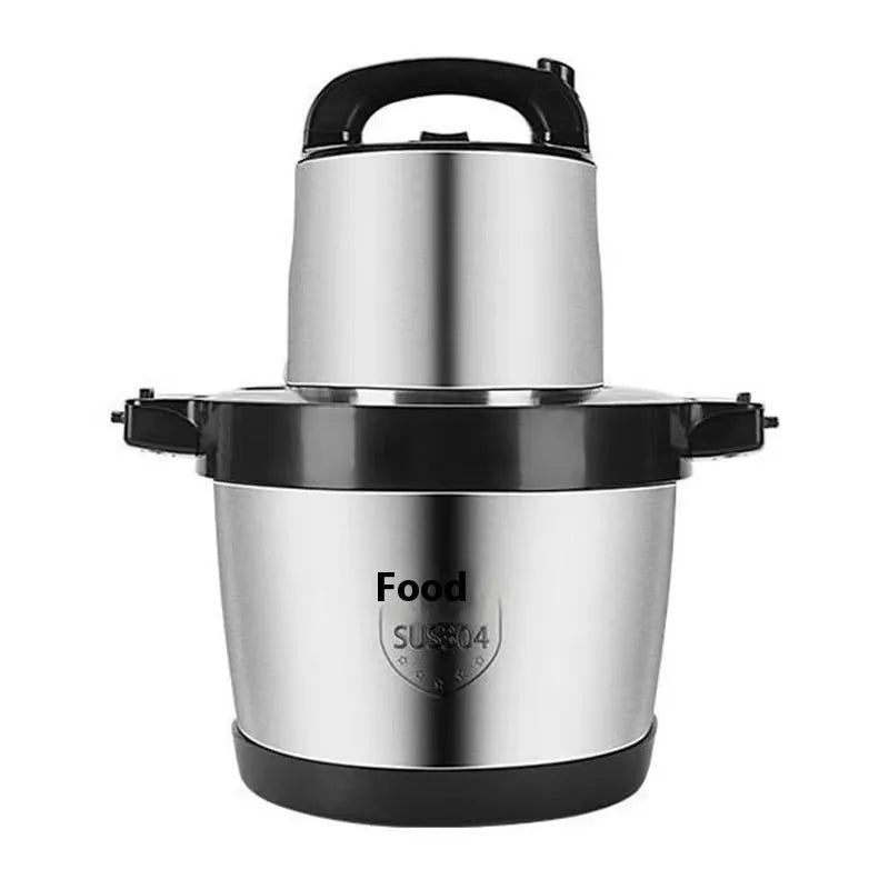 Stainless steel semi-automatic meat grinder with 6L capacity and UK plug on a kitchen worktop