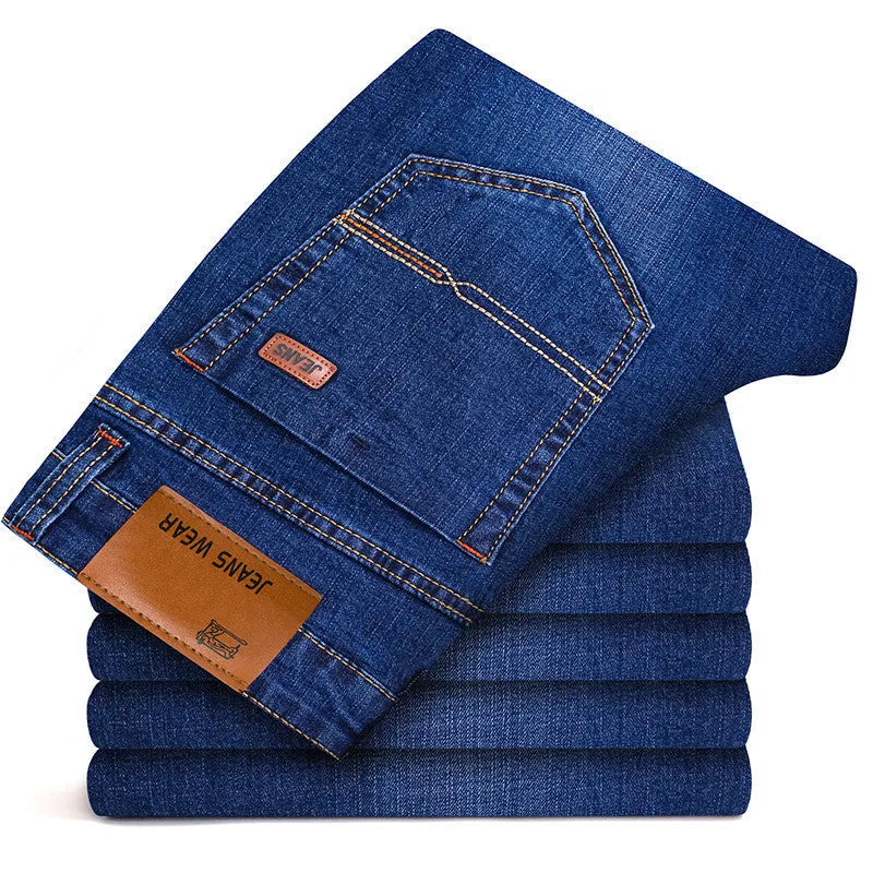 Men's black stretch slim straight business casual jeans in cotton denim