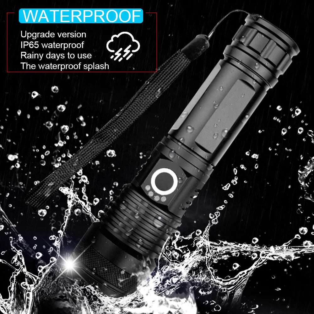 USB Charging Zoom P50 Flashlight with telescopic zoom, XHP70 LED, and aluminium shell