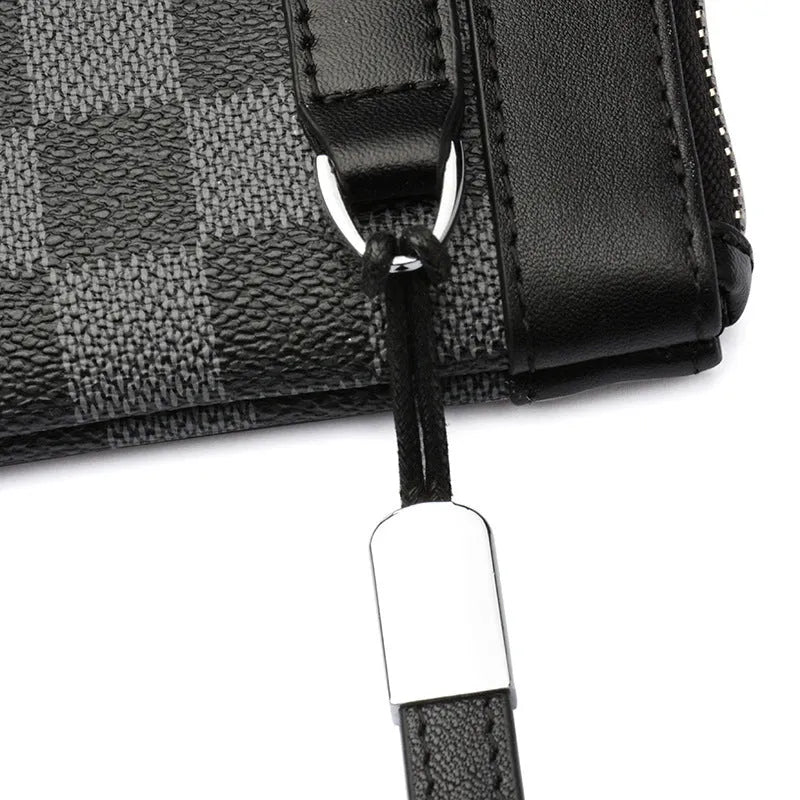 Black men's leather clutch wallet showing front view and open interior with polyester lining.