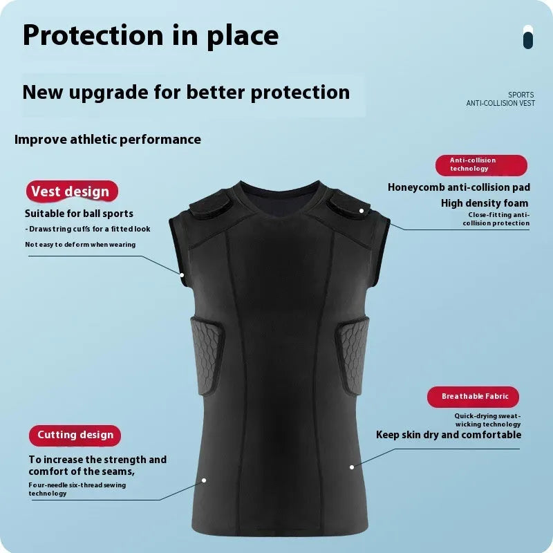 Black tight quick-dry basketball sports vest with anti-collision padding for unisex training