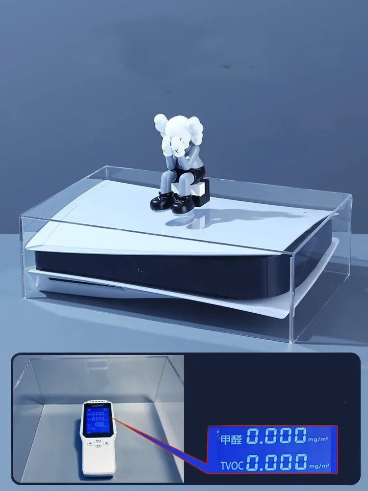 Acrylic transparent dust cover for PS5 optical drive version, vertical and horizontal styles, with breathable option and handle storage box.
