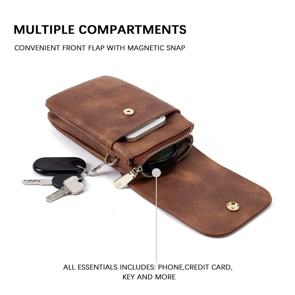 Men's PU leather square vertical messenger bag in brown with sandwich pocket and adjustable strap