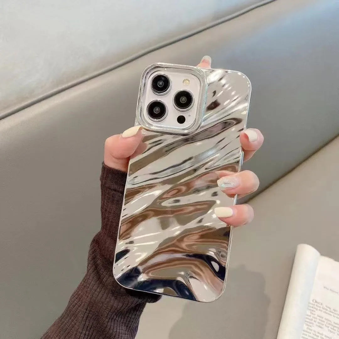 TPU soft solid colour wave pleated anti-fall phone case for iPhone, electroplated finish, multiple colours