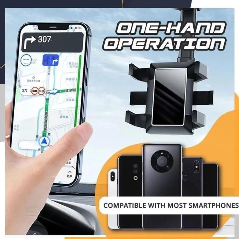 Black rearview mirror car phone holder with telescopic arm and four-claw bracket on a car mirror.