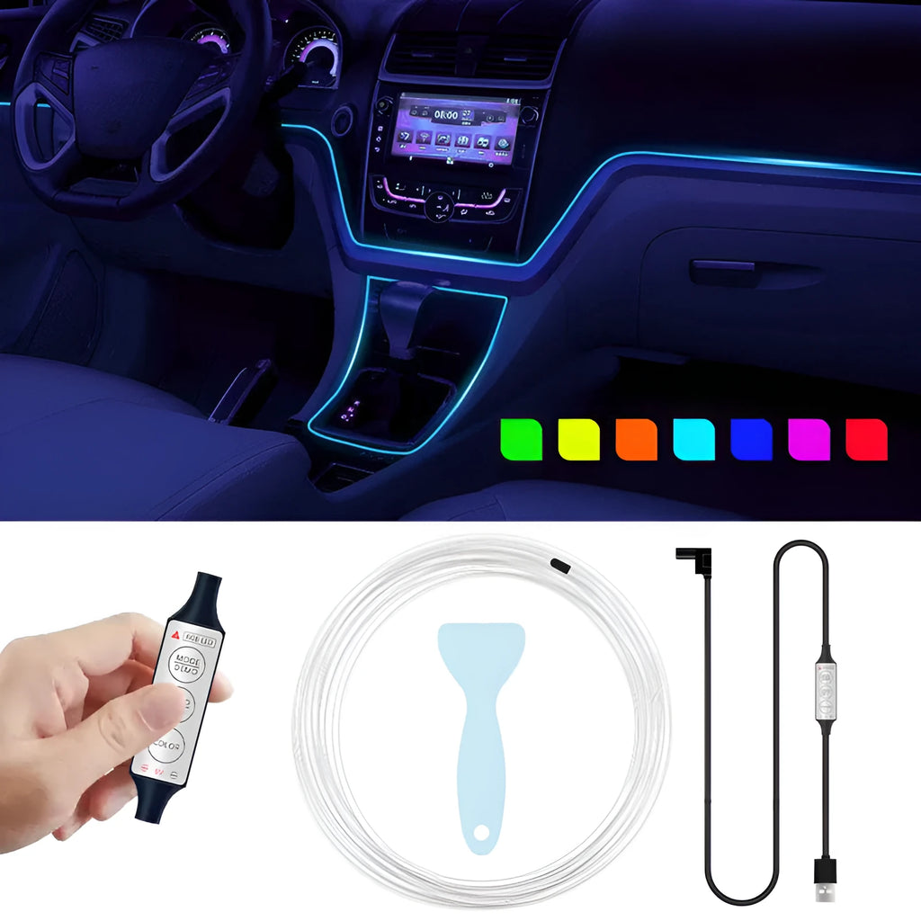 RGB LED car interior light strip with USB connection showing multiple colour illumination options
