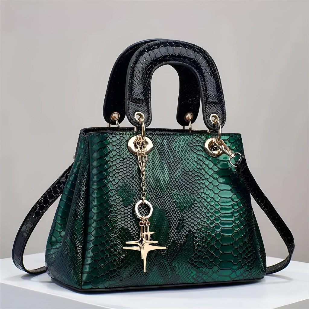Women's PU shoulder messenger bag with crocodile pattern, zip closure, hidden pocket, 26x12x18cm, in black, green, red or silver.