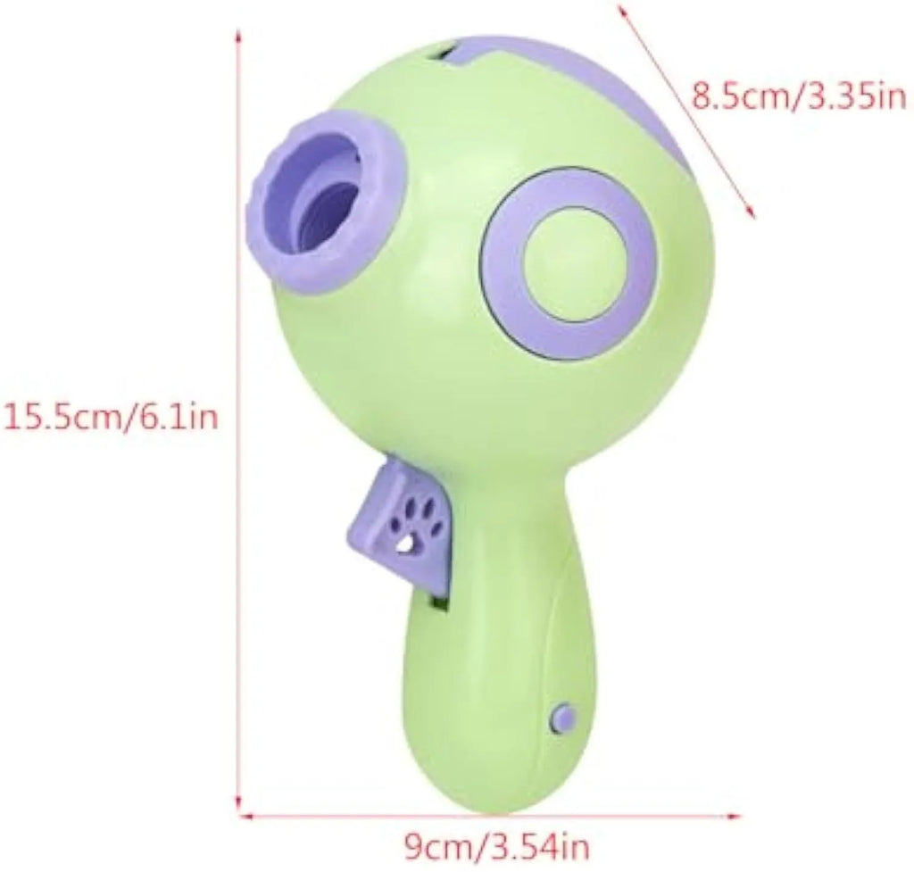 Green dog treat launcher toy for interactive play and training, measuring 15.5 x 9 x 8.5 cm