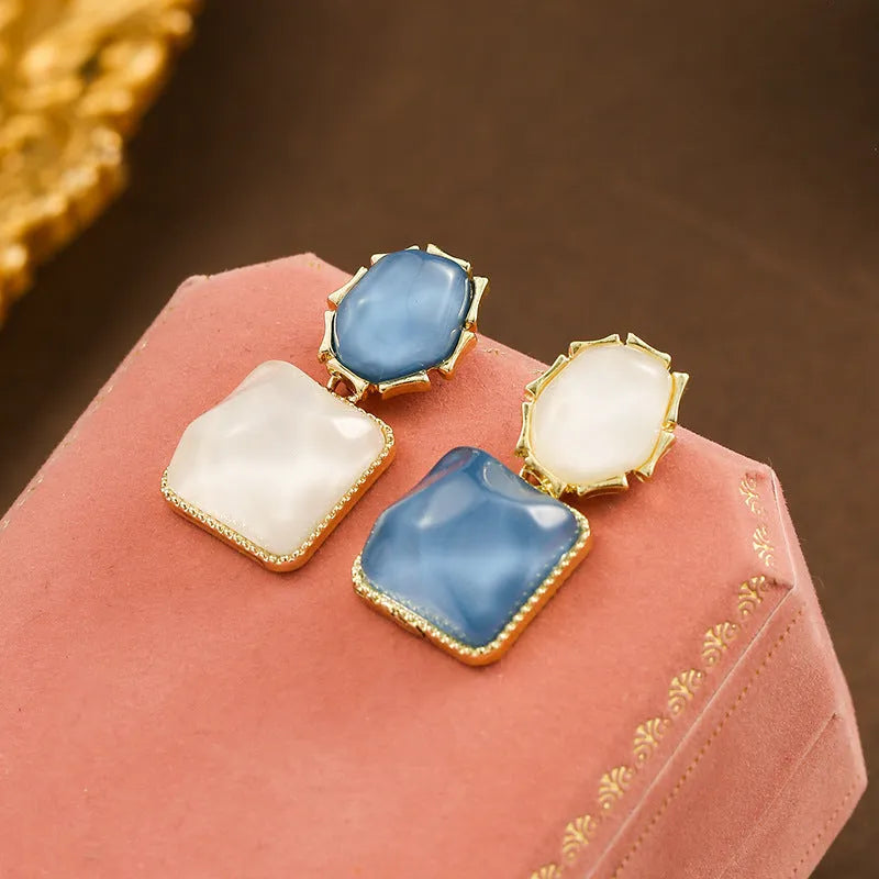 Geometric square earrings with water ripple contrast colour design in electroplated alloy, Korean style, for women