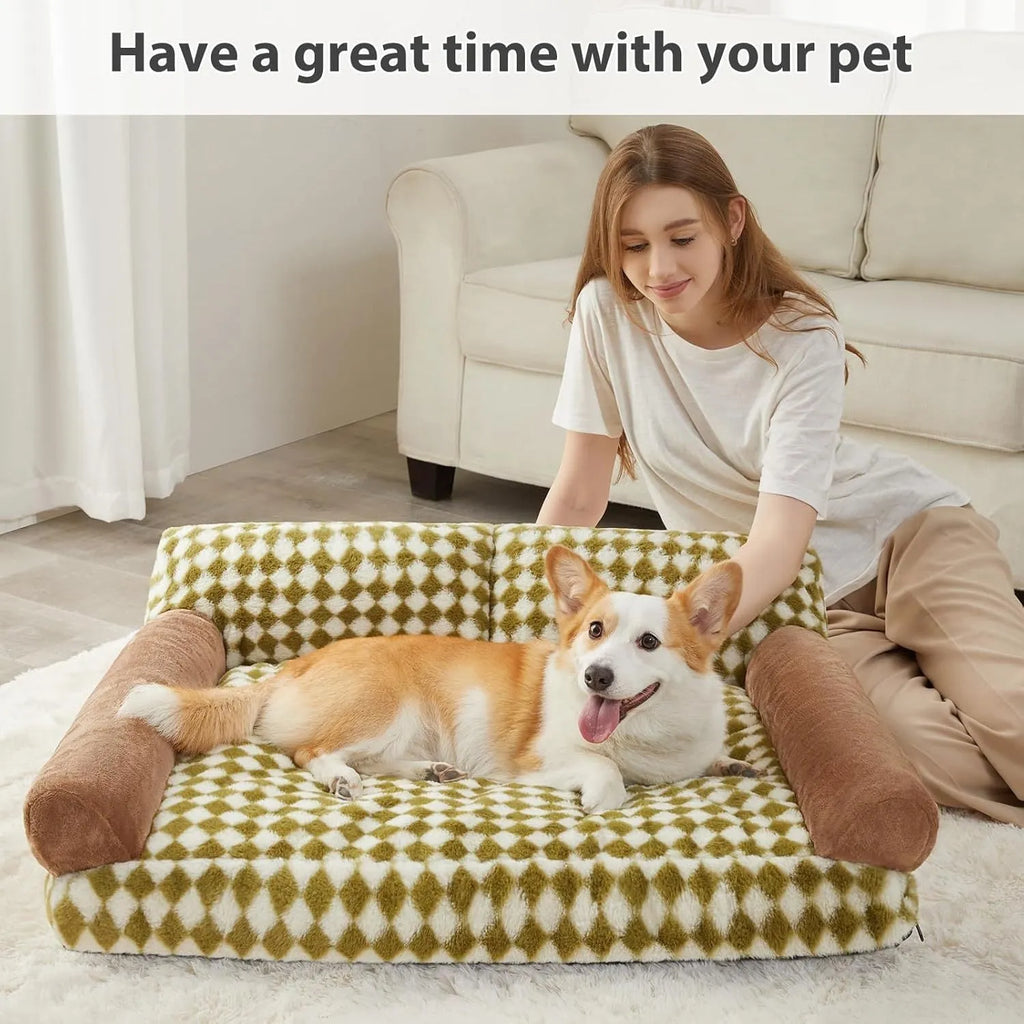 Grey checkered pet sofa bed for cats and small dogs with a washable cover on a wooden floor.