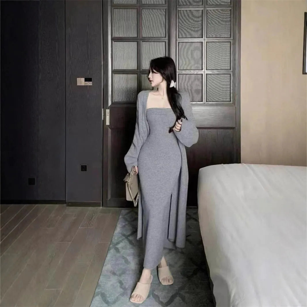Women's grey knitted long dress and cardigan coat suit set with textured flocking detailing on the fabric