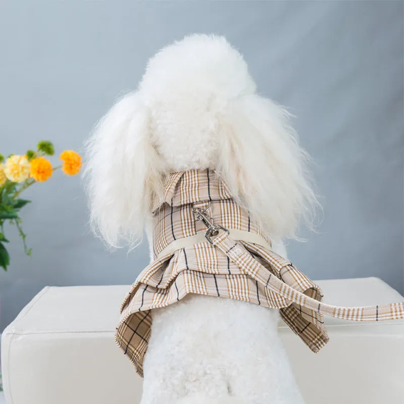 Milky white polyester dog vest harness with integrated hand-holding rope shown on a dog's chest.