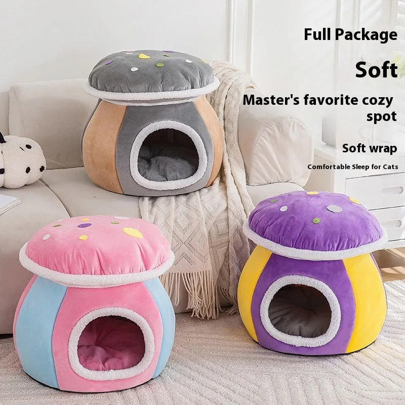Grey plush mushroom-shaped cat bed with a high, padded rim and a cat curled up inside.