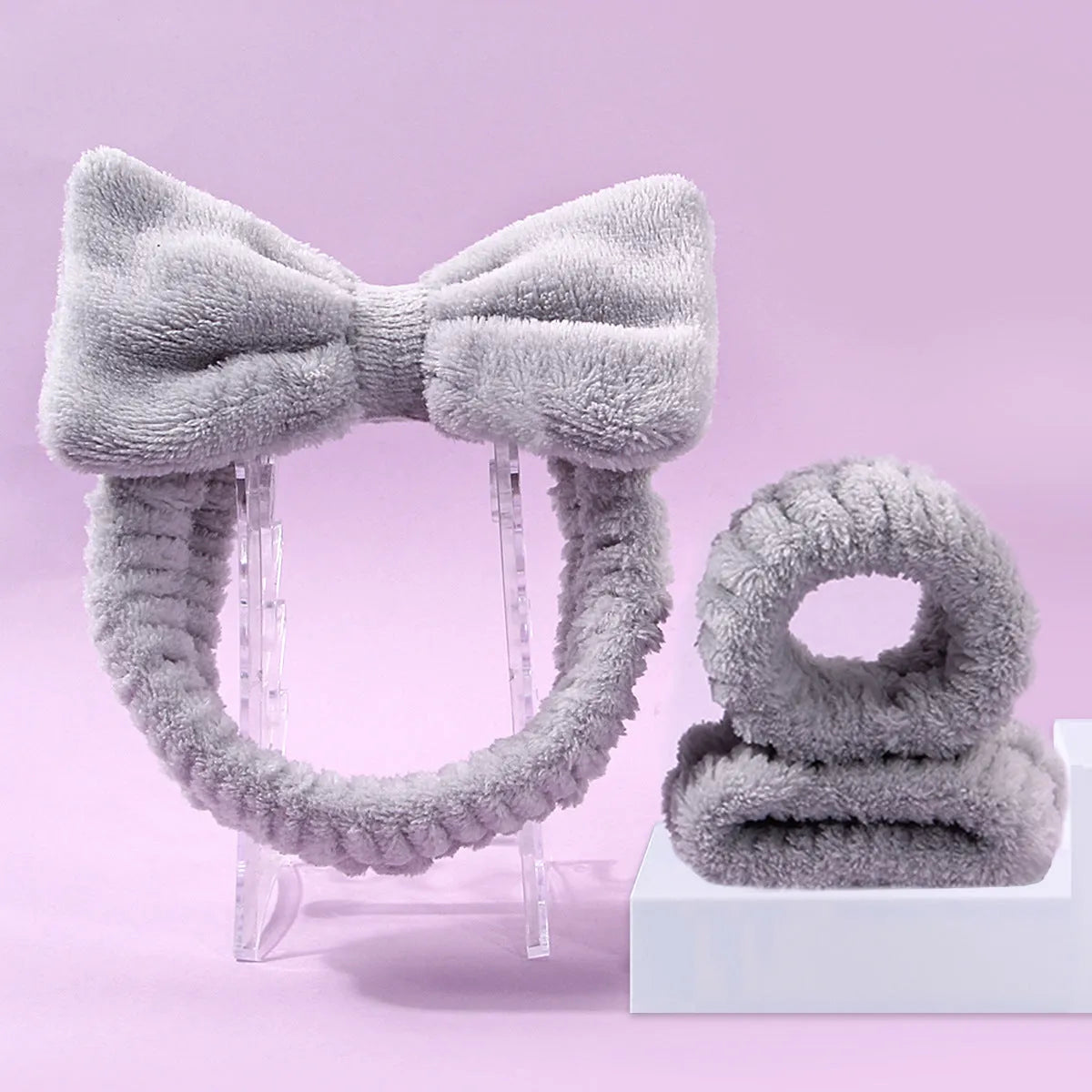 Facial brush set with coral fleece headband and nylon bristles in purple, grey, white or pink