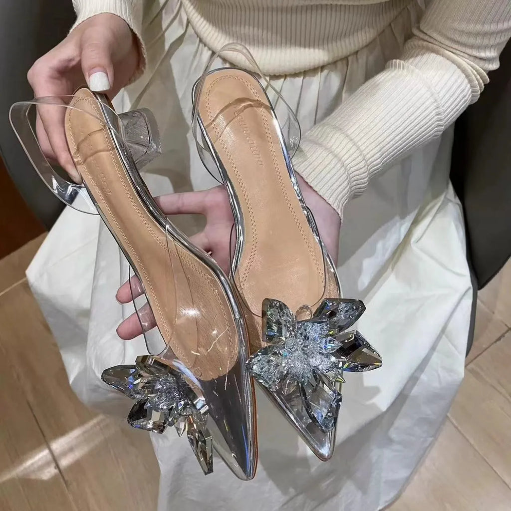 Women's transparent high heels with crystal flower detailing and pointed toe in three heel heights