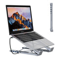 Folding aluminium laptop stand with integrated multi-port USB and HDMI docking station.