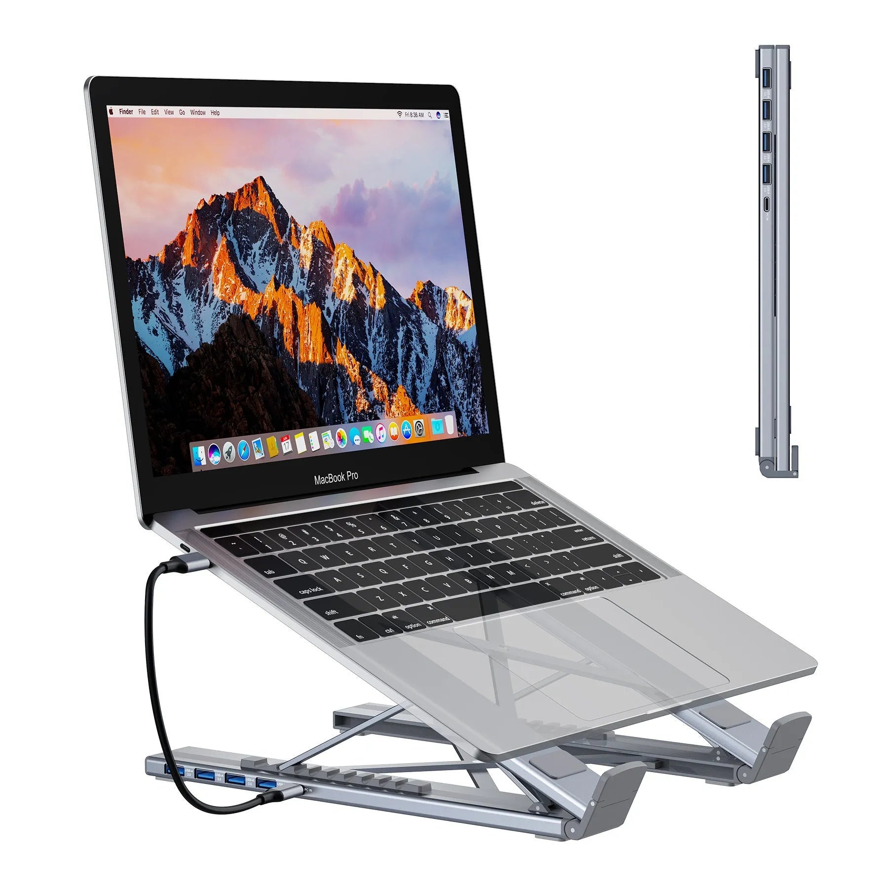 Folding aluminium laptop stand with integrated multi-port USB and HDMI docking station.