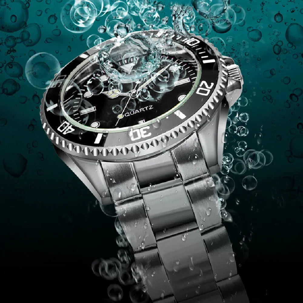Steel belt black plate universal quartz watch with 40mm dial, 8mm alloy case, night glow hands, and stainless steel horseshoe buckle.