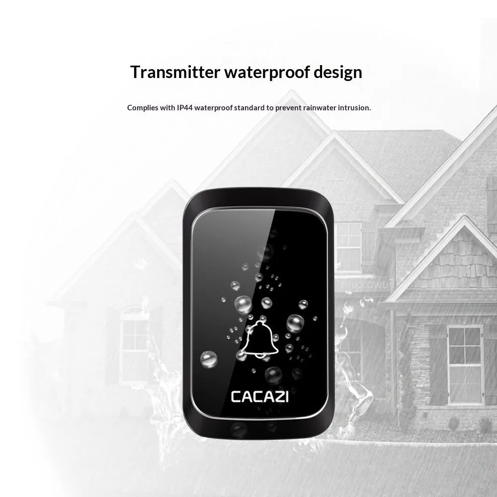 Wireless home doorbell set with white transmitter and receiver on a wall.