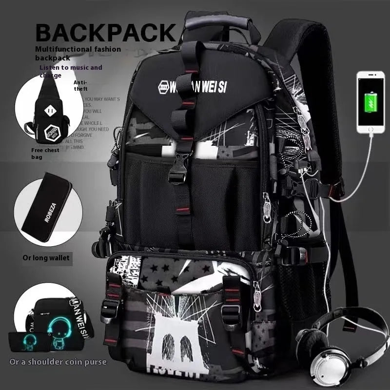 Men's black waterproof Oxford cloth hiking backpack with adjustable straps and multiple compartments.