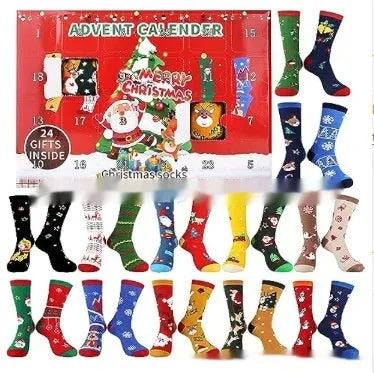 Set of seven colourful miniature Christmas sock ornaments from a blind box collection.