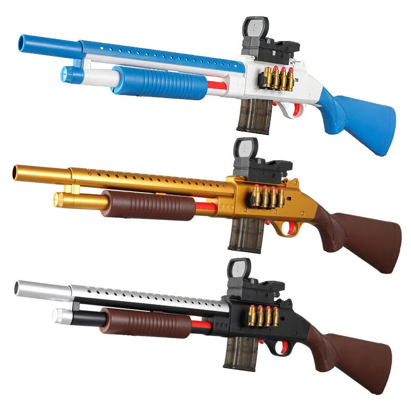 48cm sliding loaded throw shell soft elastic toy model in Laifu Gold or Brown plastic, with sight, magazines, soft bullets and cartridge cases