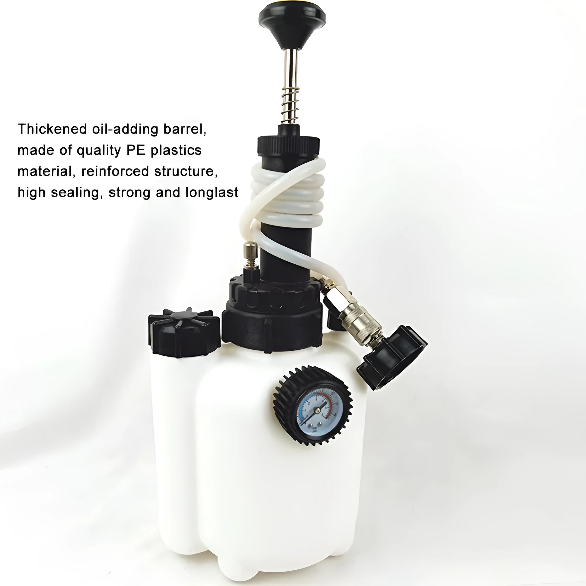 White 3-litre automobile brake oil tank replacement tool for brake fluid service.