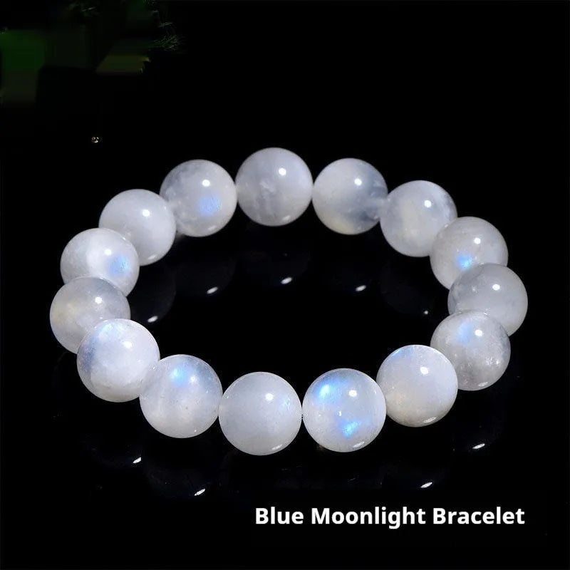 Natural white Blue Moonlight Moonstone round bead bracelet on wrist, showing polished gemstone beads.
