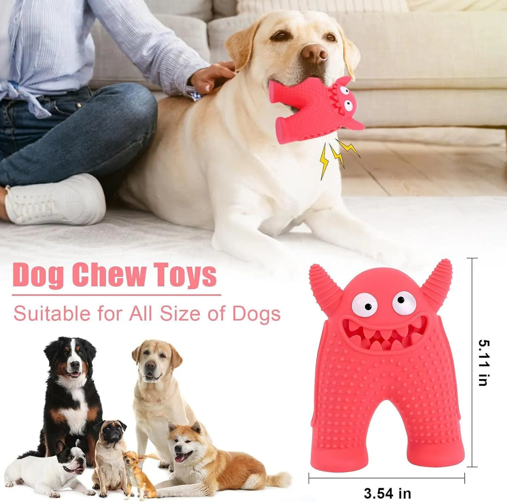 Monster-shaped squeaky dog toy made of natural rubber with tooth slot for cleaning teeth during chew play for small dogs