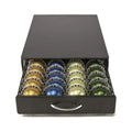 Black coffee capsule storage drawer with silver handle, 40x29x8.5cm, on a cafe countertop