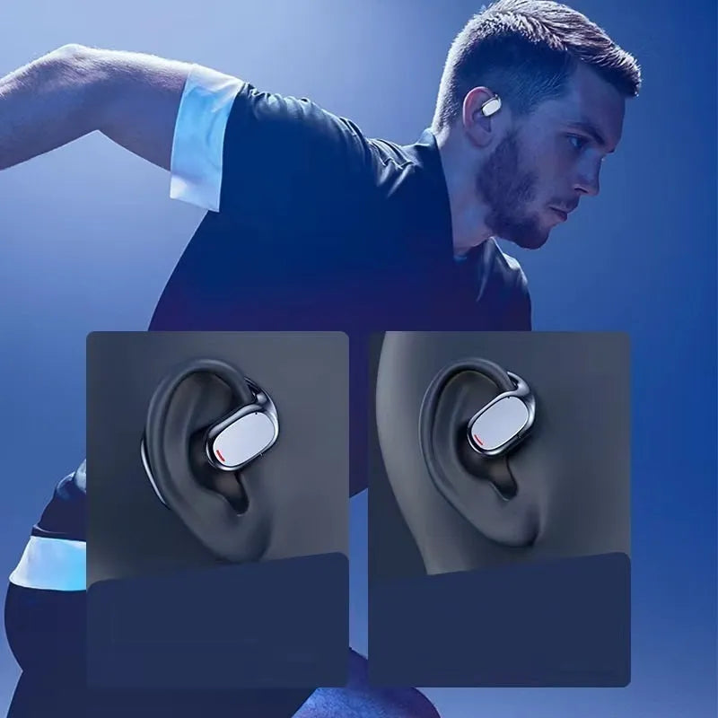Black and white bilateral stereo Bluetooth earplug headset with its charging case.