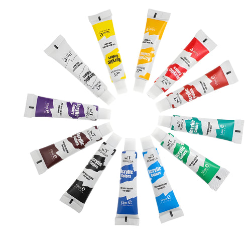 Assortment of 12-colour artist paint tubes for acrylic, gouache, watercolour and oil painting techniques.