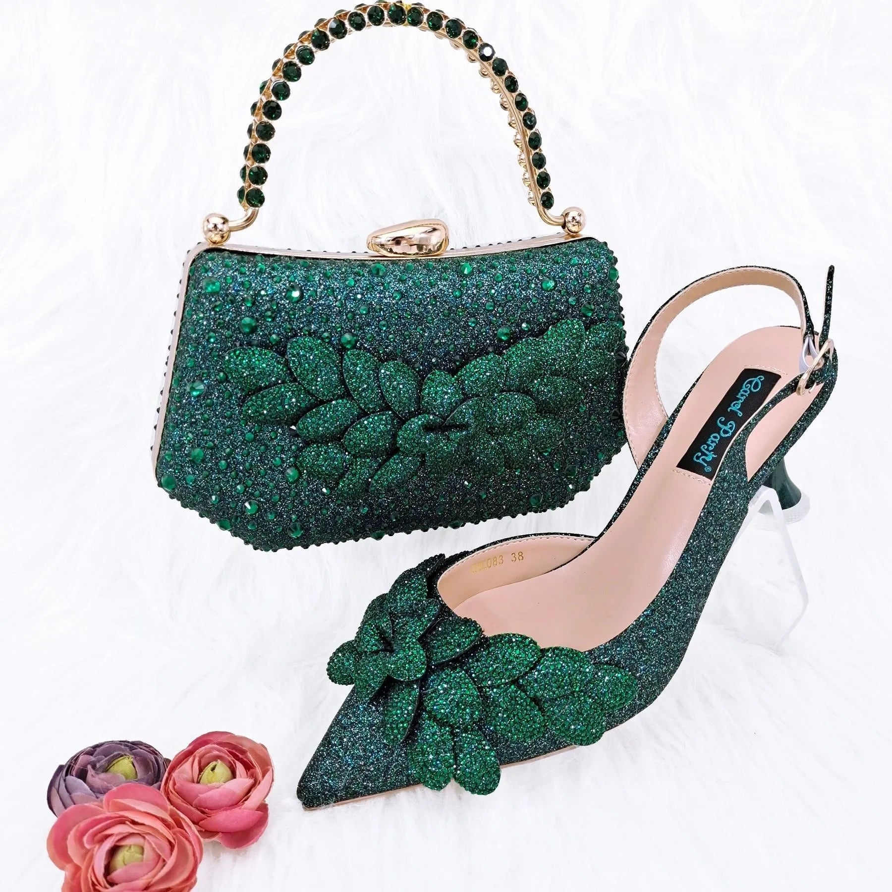 Party shoes and bag set with wine glass heel, rhinestone decoration, and buckle fastening in silver colour