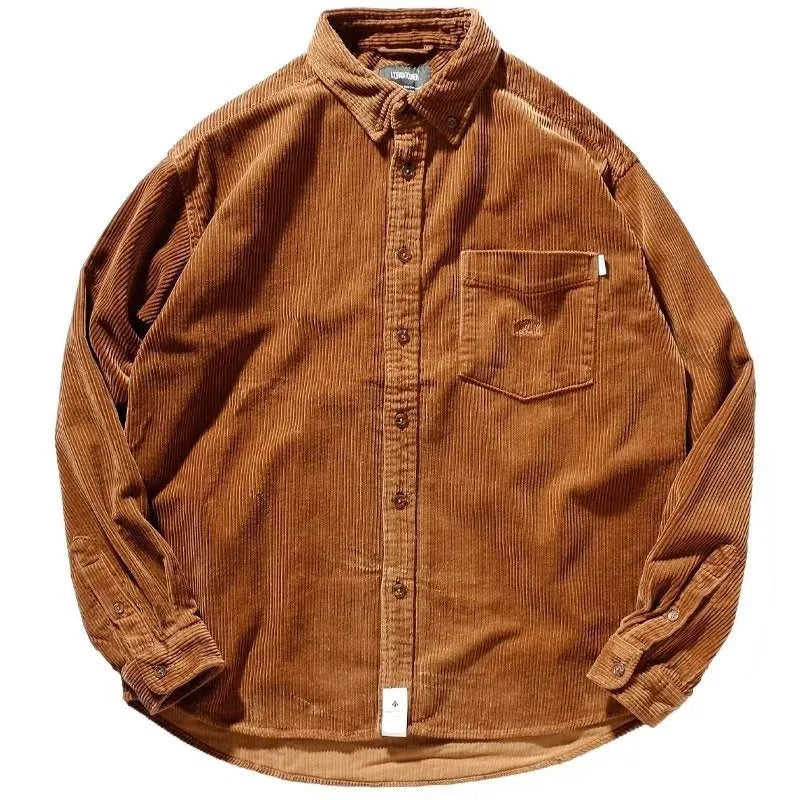 Long sleeve cardigan shirt in caramel colour with Japanese Hong Kong loose style and corduroy fabric