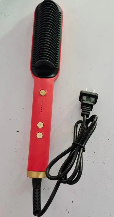 Red and black dual-function 2-in-1 hair straightener and curling tong hot comb on a white background