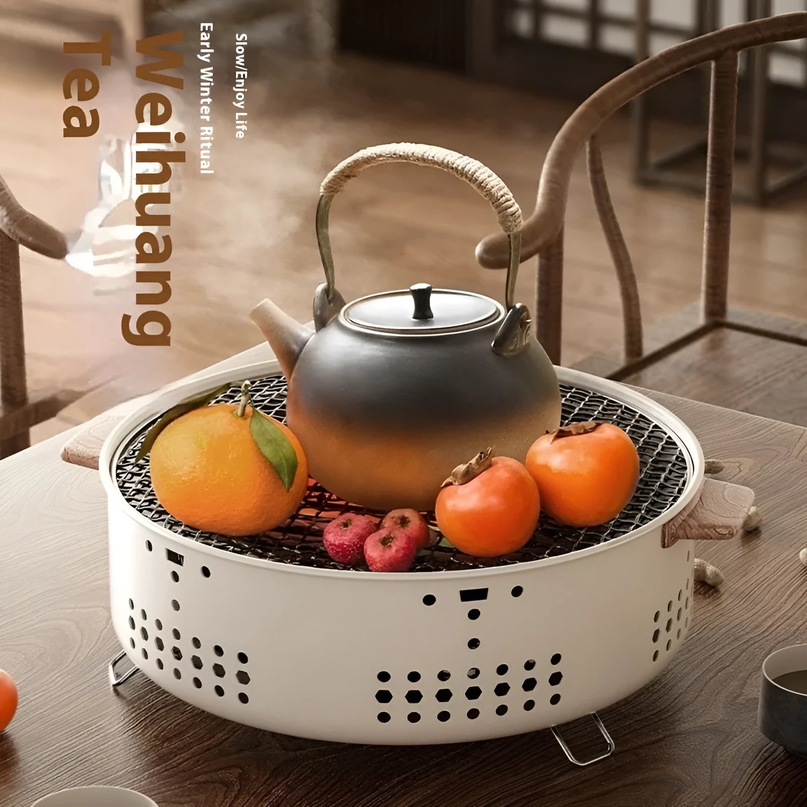 Portable indoor charcoal cooking stove with grill rack, modern design for tabletop use.